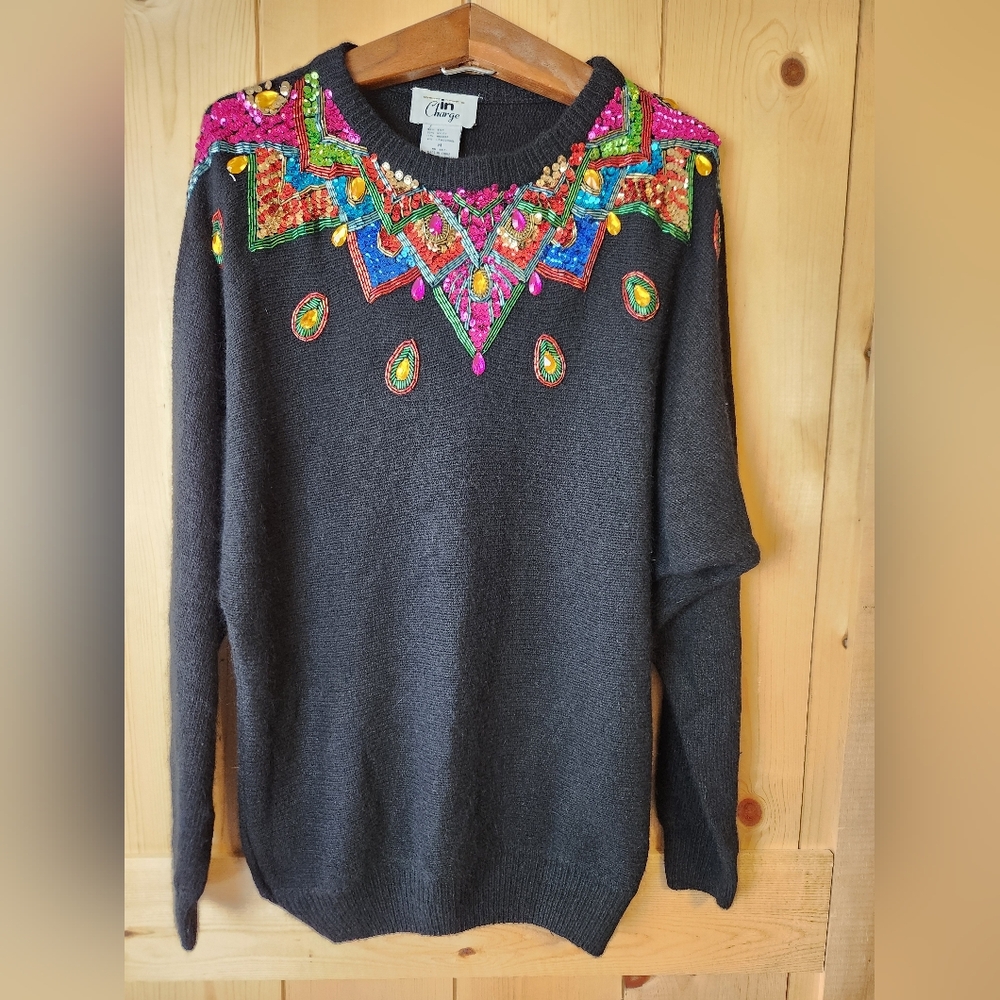 Vintage In Charge 80s Black Silk Angora Wool Embellished Sequins Beaded Sweater